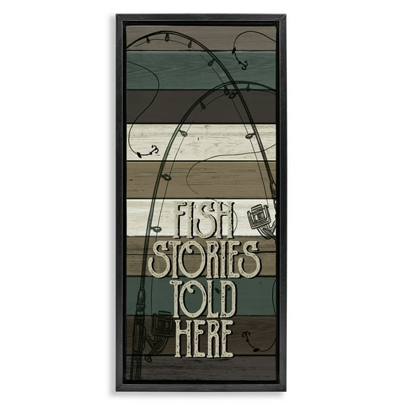 Stupell Industries Rustic Fishing Stories Phrase Inspirational Painting Black Floater Framed Canvas Art Print Wall Art, 11 x 25