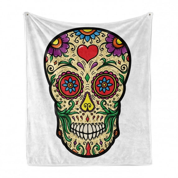 Day of the Dead Soft Flannel Fleece Throw Blanket, Vibrant Jumble Ornamental Sugar Skull with Heart and Flowers, Cozy Plush for Indoor and Outdoor Use, 60" x 80", Pale Yellow Multicolor, by Ambesonne
