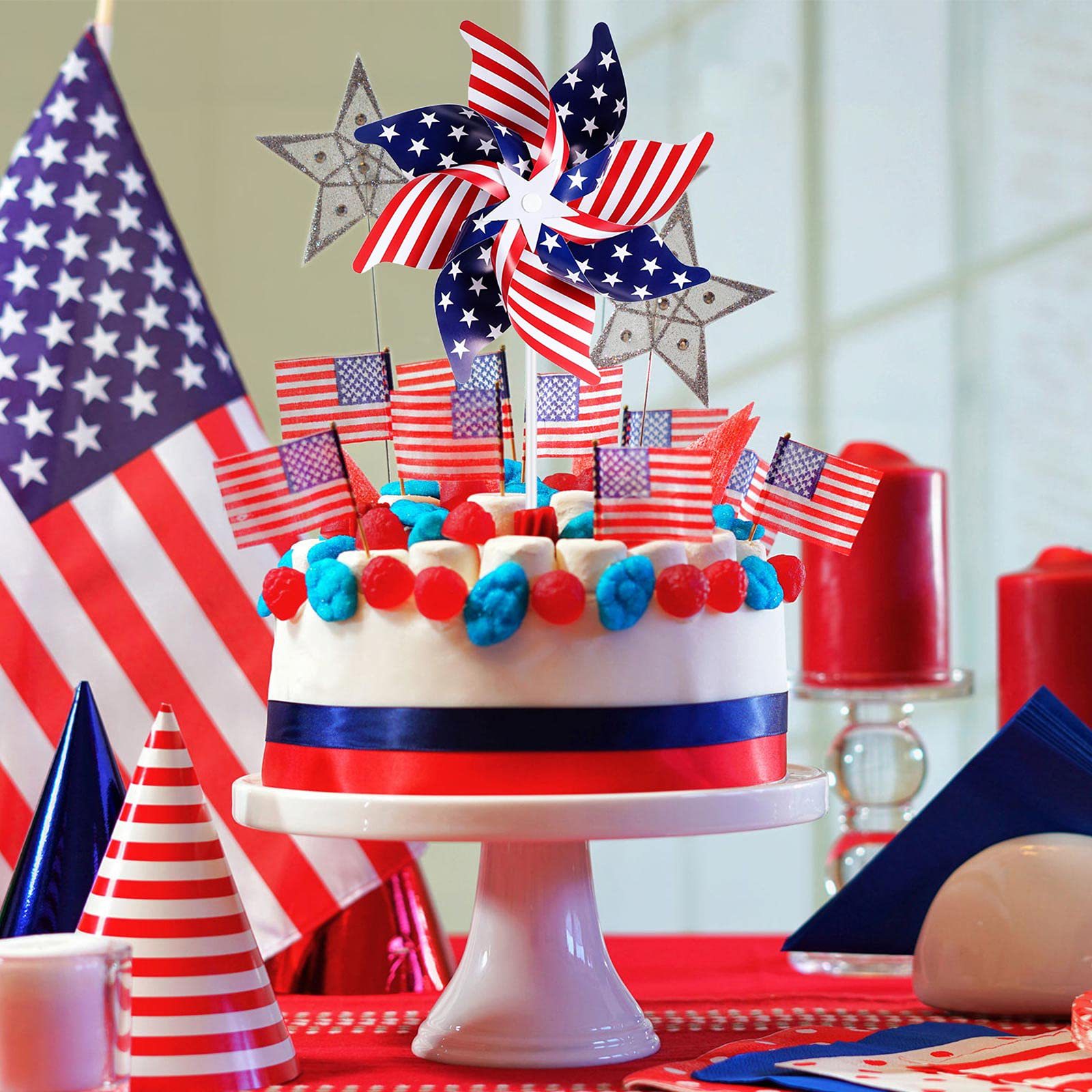 4th Of July Patriotic Pinwheels - 10 Pack Red White Blue American Flag Windmills For Outdoor Decor