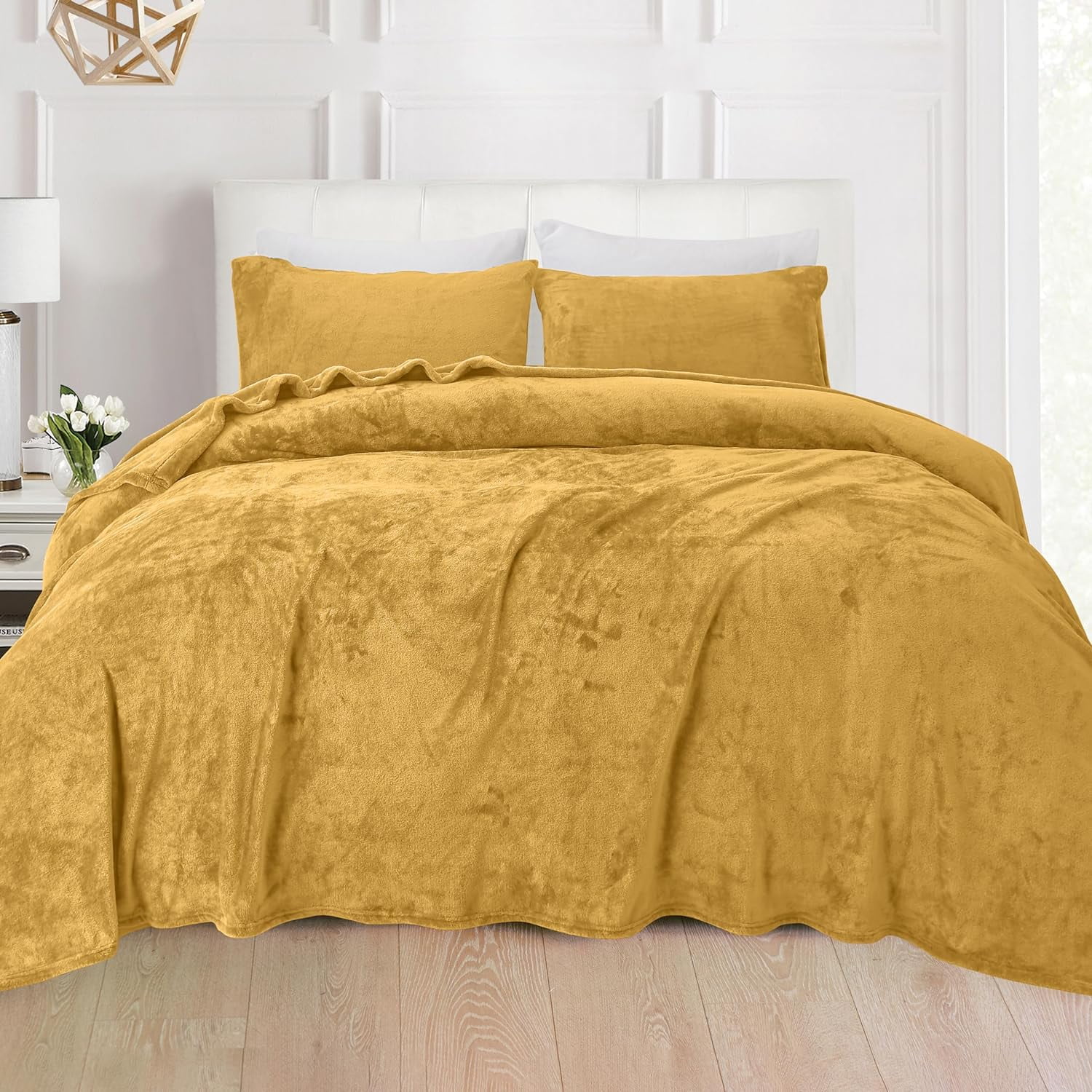 Non Pilling Fuzzy Velvet Flannel Fleece Deep Pocket Sheet Set - King, Gold
