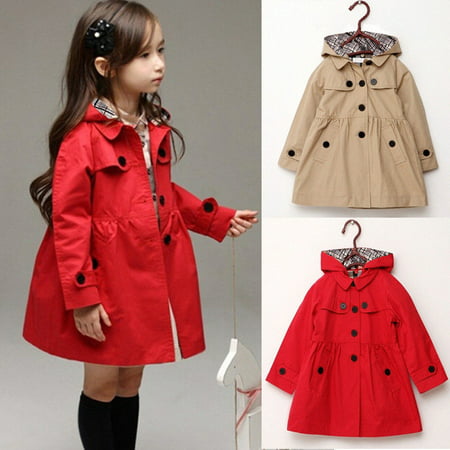 Kids Girls Hooded Winter Clothes Fleece Outerwear Long Trench Wind Coat