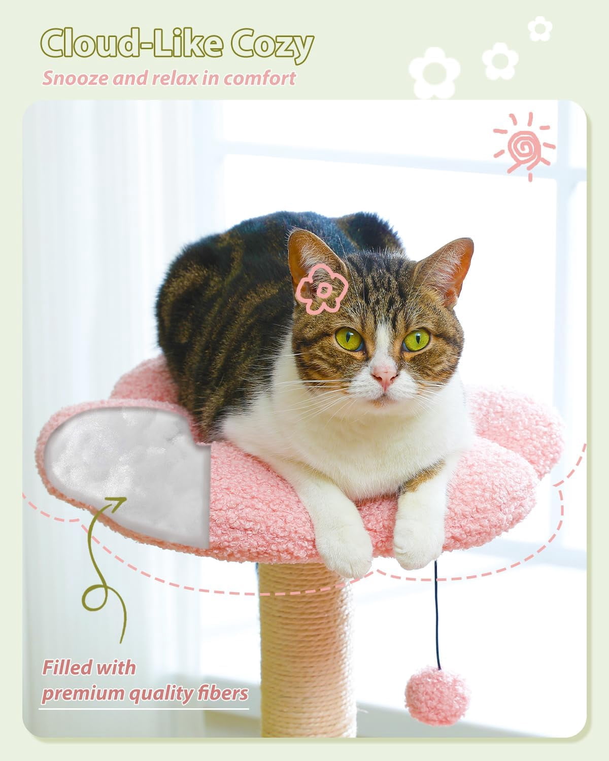 Flower  Tree with Large Metal Frame Hammock, 35" Cute  Tower with Sisal Scratching Posts for Small Indoor Cats,  Condo with Pink Top Perch for Kittens