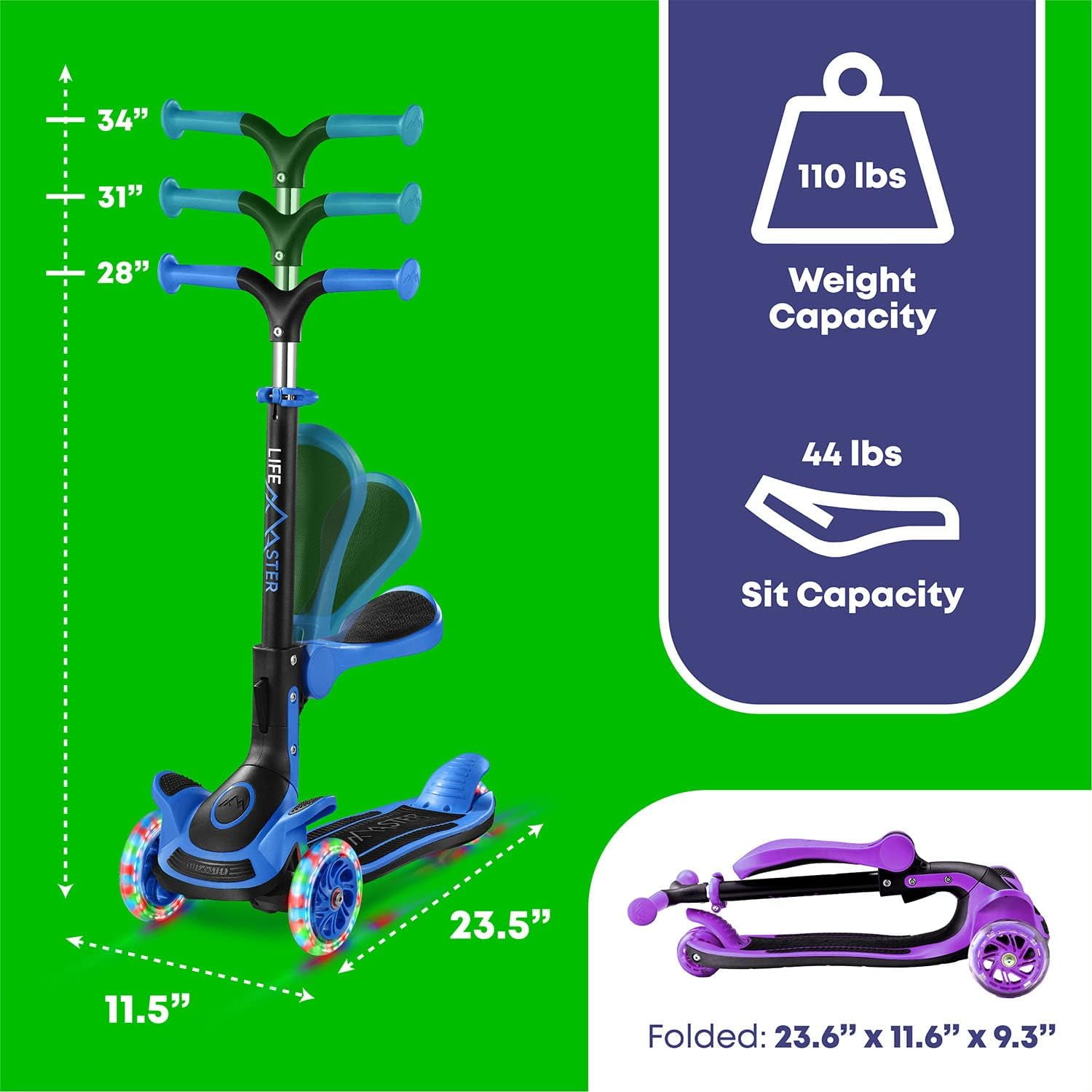 LifeGoods TurboRide - Scooter pour enfants avec 3 Roues lumineuses - 5-8  ans - Pliable