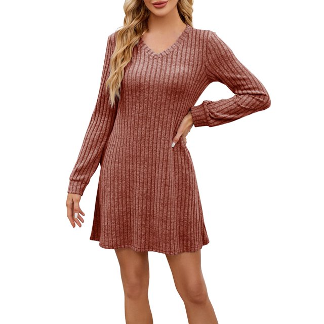 Robes d'Hiver Décontractées pour Femmes! Fadeal Nouvelle Robe Décontractée Unie à Col en V avec Poches Rayée Brossée à Manches Longues Robes d'Hiver pour Femmes Café S