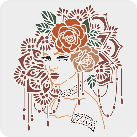 Flower Women Stencil 11.8x11.8 inch Beauty Woman Craft Stencils Reusable Plastic Mandela Flower Template Elegant Lady Wall Art Stencil for Painting on Wood Sign Tiles Floor Fabric