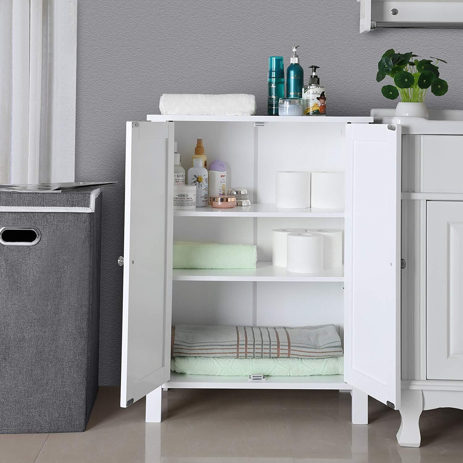 LINJH Wooden Bathroom Floor Cabinet - Free Standing Storage Cupboard with 3 Shelves for Toiletries, Towels & Bathroom Essentials - Rustic Design
