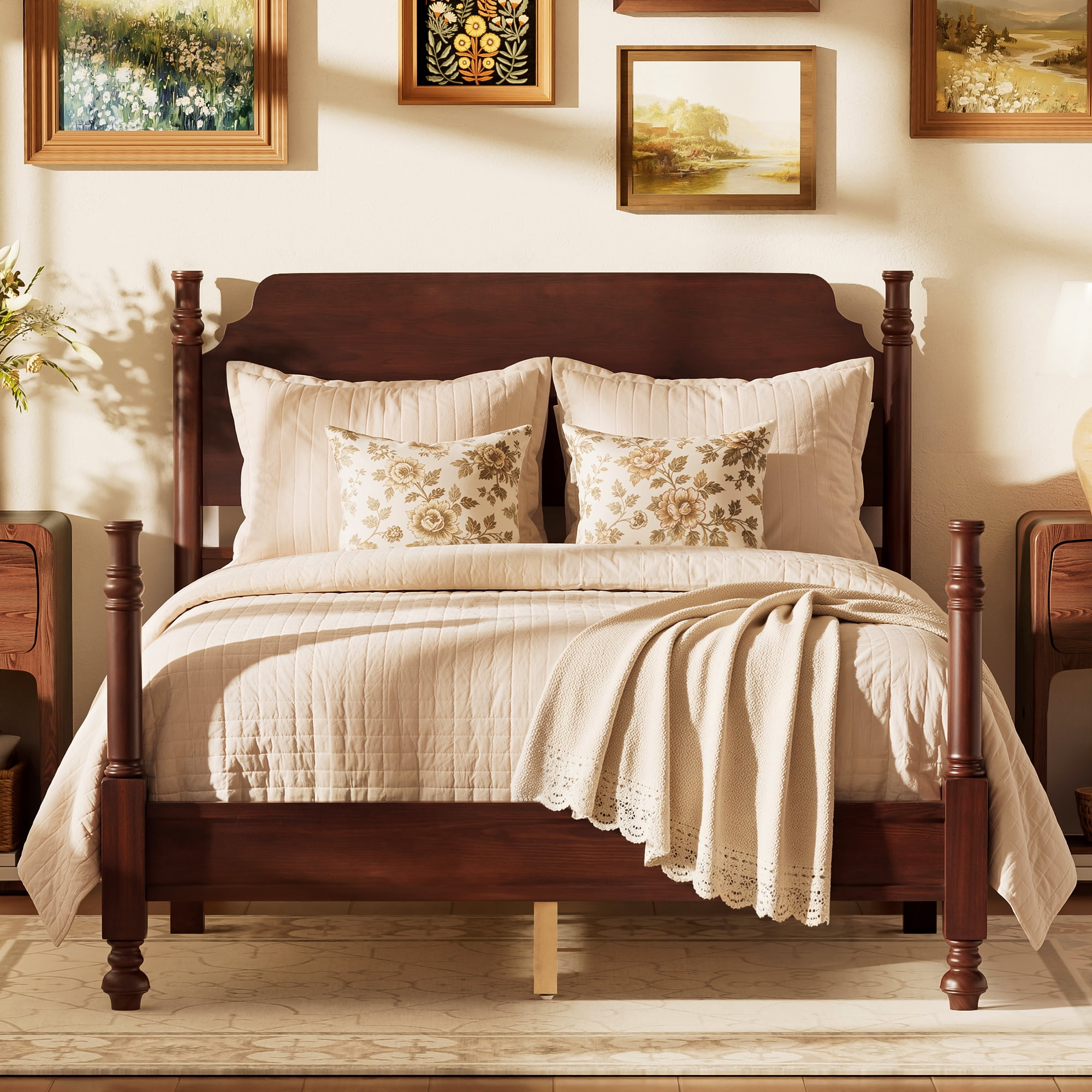 Mintazer Monroe Full Size Bed Retro Spindle Post Bed Frame with Headboard, Dark Walnut