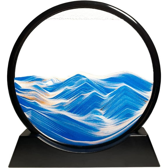 Moving Sand Art Picture Ocean Decor, 3D Deep Sea Sandscape Liquid Motion, Round Glass Frame Display Flowing Sand Relaxing Gift for Kids Adults Home Office Work Desktop Decoration Toy (Blue, 7")