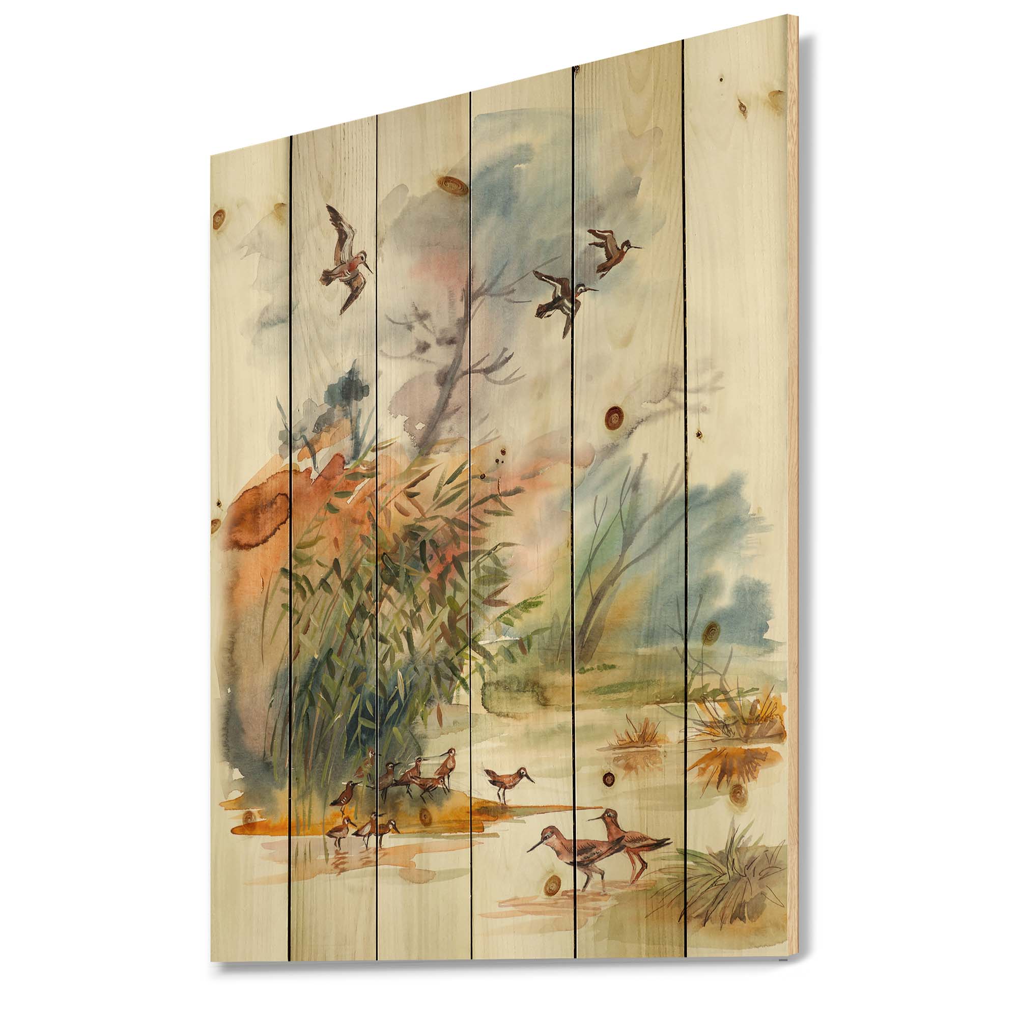 Designart 'Flying Over The Water With Autumn Landscape' Traditional Print on Natural Pine Wood