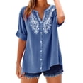 thumbnail image 2 of Qwertyu Linen Shirts for Women Spring Summer Casual Short Sleeve Embroidered Boho Tops Loose Fit Button Down Blouses Trendy Dressy V Neck Work Shirts Blue M, 2 of 6