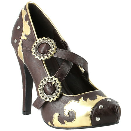 4 Inch Brown Steampunk High Heel Shoes Mary Jane Straps With Gears