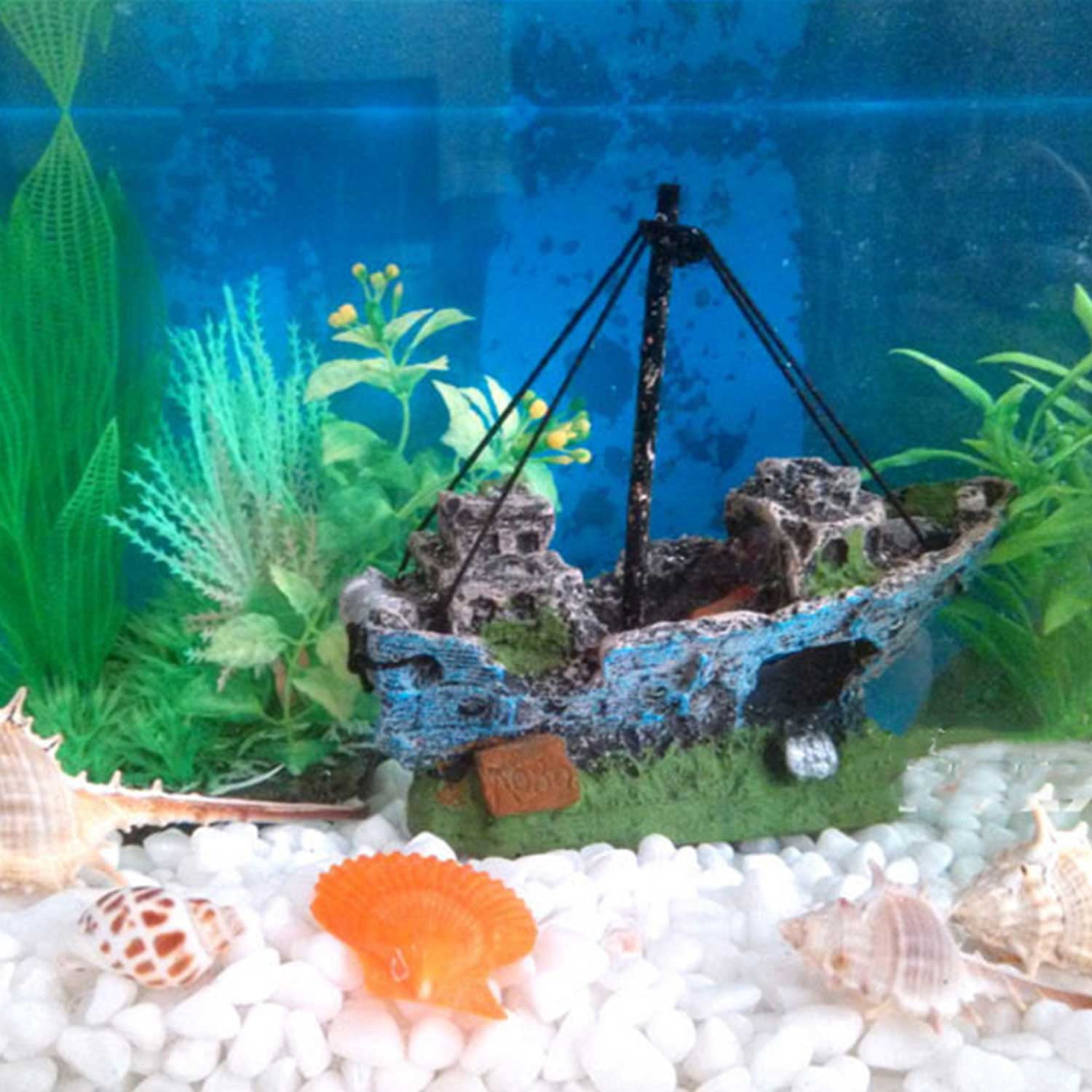 2Pcs Resin Ship Decor for Aquarium - 5 Style Options (Pirate Ship, Sunken Ship, Red Net Ship, Shipwreck, Blue Sail Ship) Aquatic Ornament with Hiding Caves