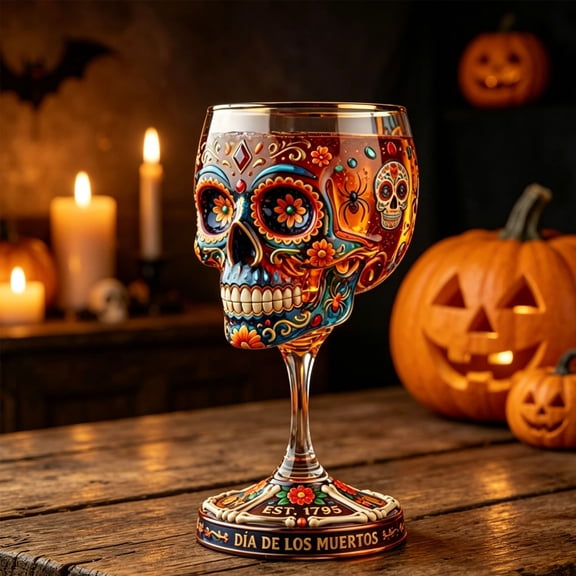 Japceit Skull Shaped Wine Glass, Halloween Goblet With Floral Pattern, Art Glass Stemware, Gothic Home Bar Decor