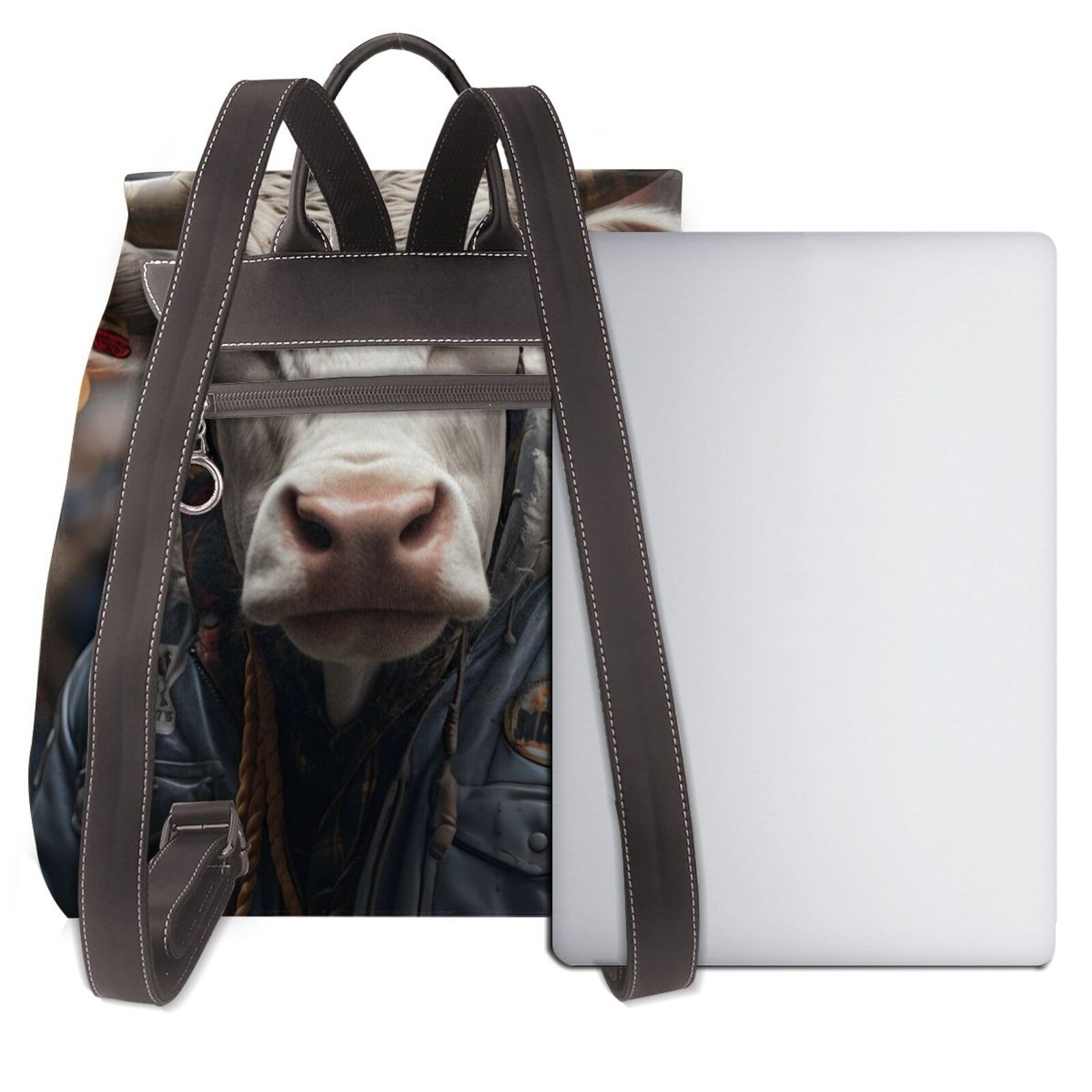 Xecao Surrealist Cow Print Large Backpack Soft Leather for Women Travel with Compartment, Adjustable Convertible Strap