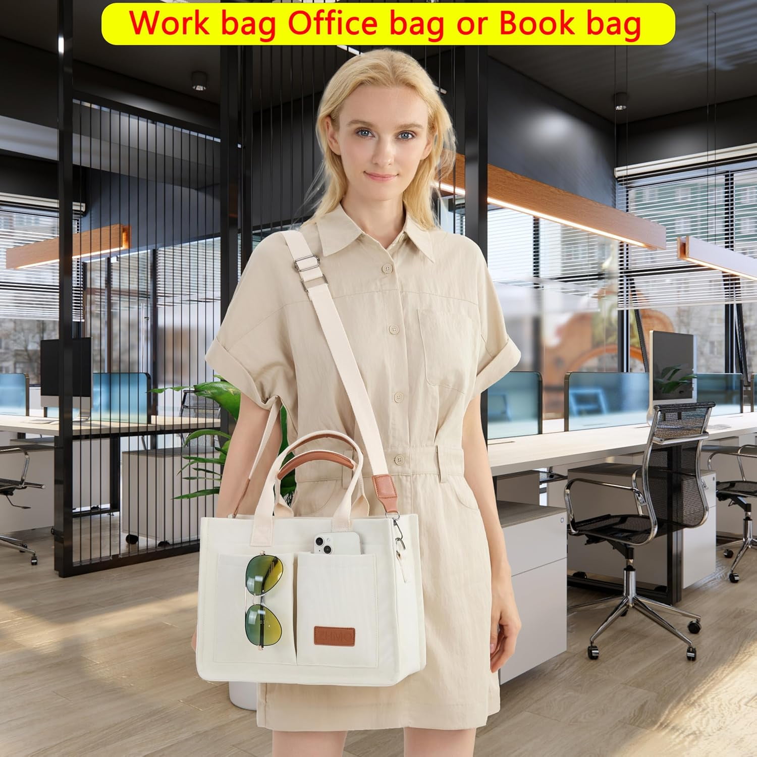 Tote Bag for Women With Compartments,Large Canvas Totes Women's Purse Crossbody Bags Work Laptop Book Bag Shoulder Handbags Khaki
