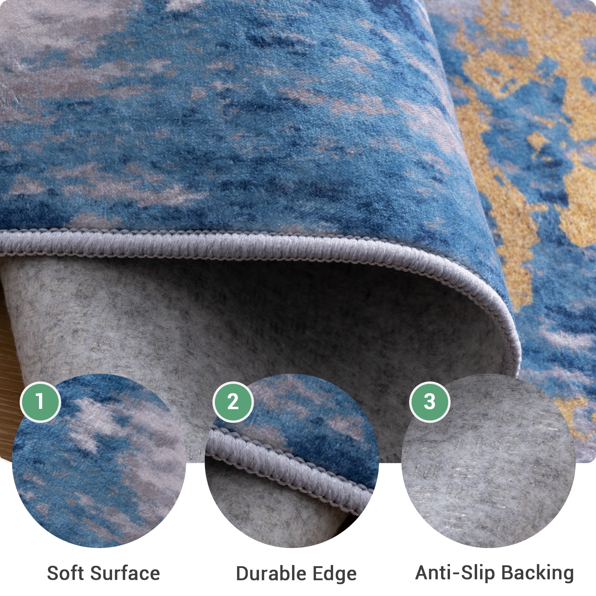 NewBuros Area Rugs 8'x10', Modern Abstract Non-Slip Washable Rugs for Living Room, Soft Low Pile Stain Resistant Indoor Carpet for Bedroom Dining Room Playroom, Blue Gold