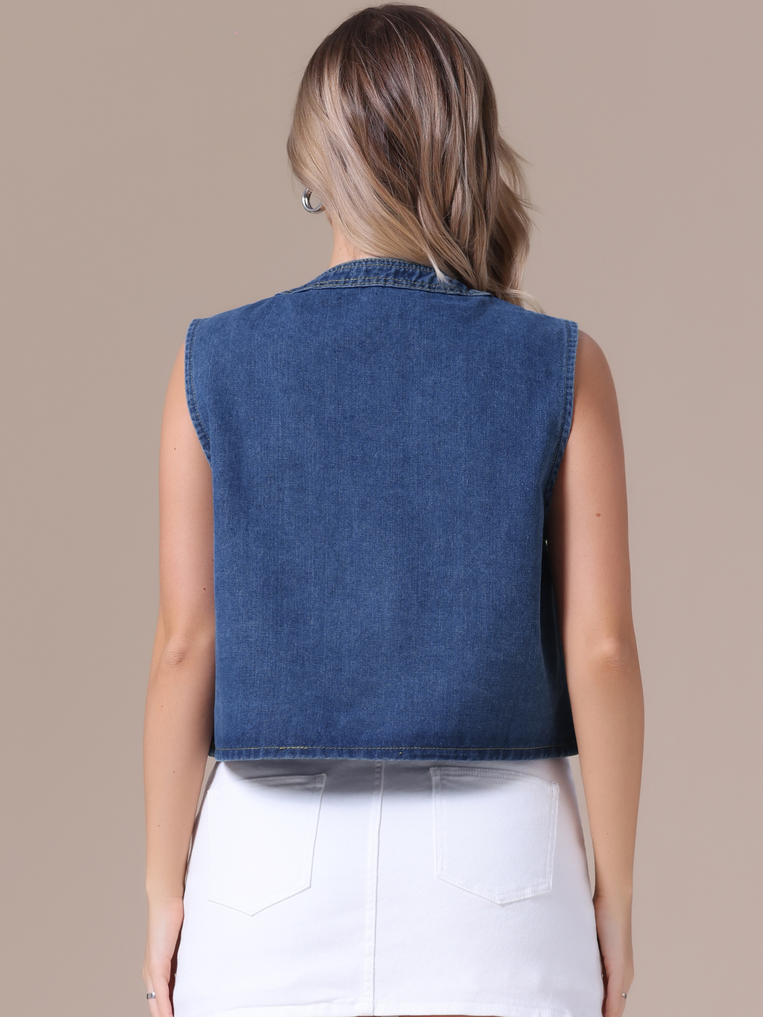 DARING DIVA Women's Sleeveless Denim Vest with Pearl Embellishments M Blue
