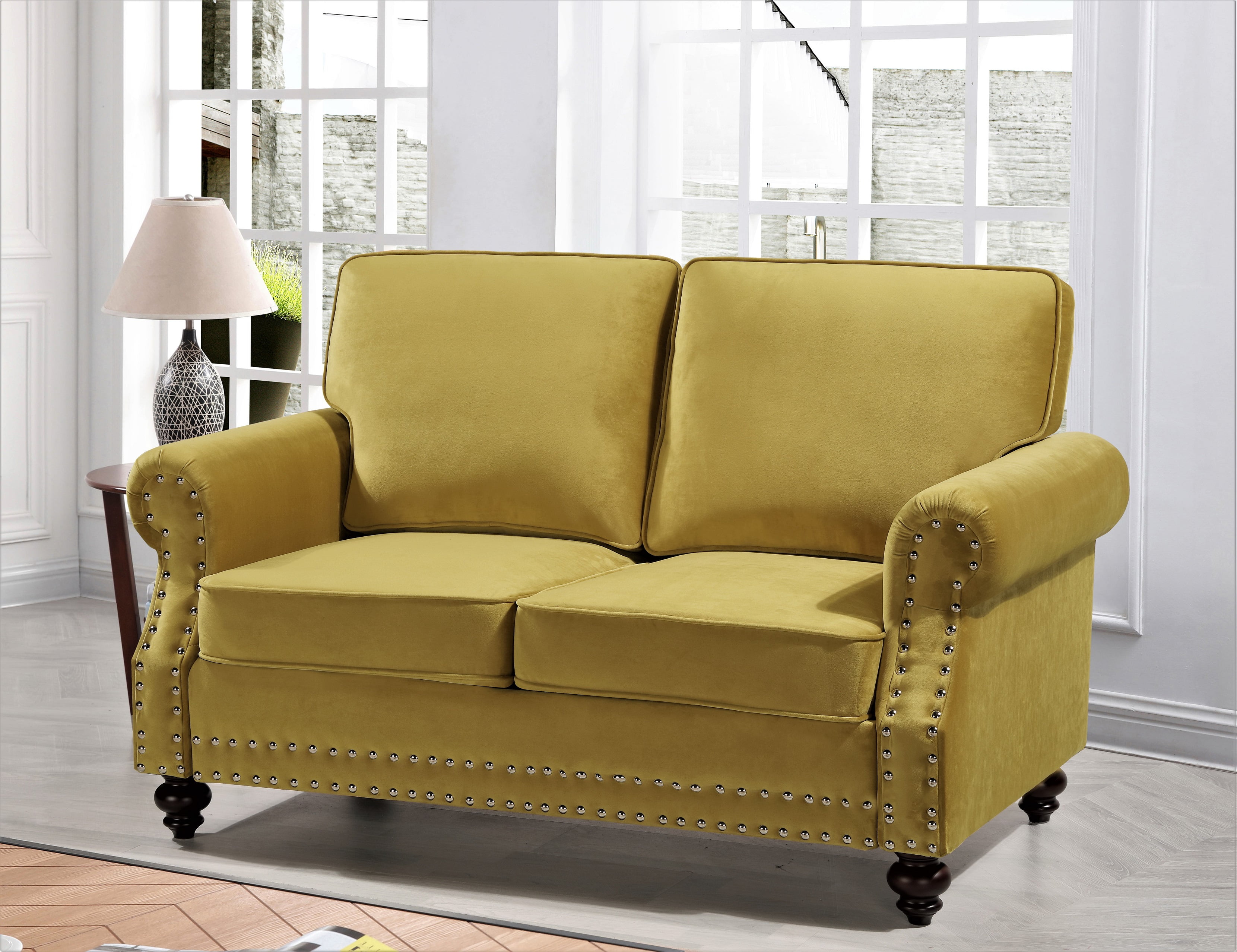 Uspridefurniture Feingold 61.4'' Velvet Rolled Arm Loveseat, Yellow