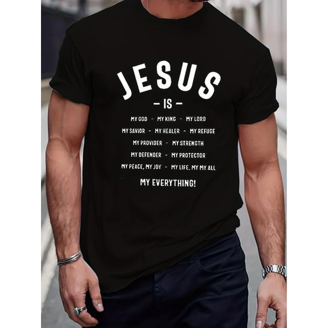 Classic Christian Slogan Pattern Print Men's T-shirt, Graphic Tee Men's Summer Clothes, Men's Outfits Tee For Adult, Men, Women, Teen, Teenager, Adolescent, Youth.
