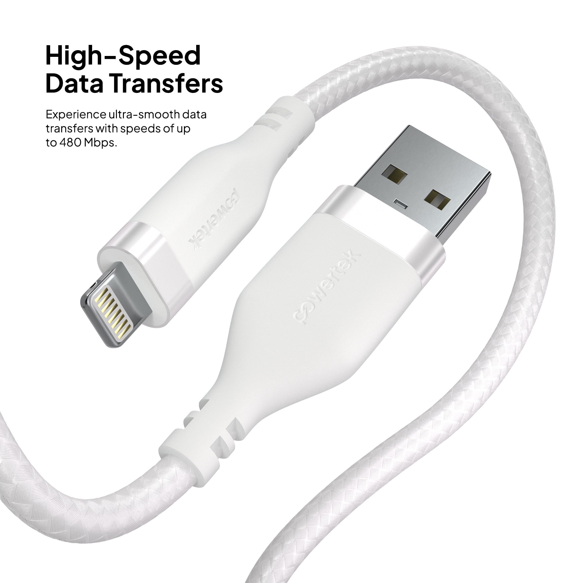 Powertek MFi Certified USB-A to Lightning Charging Cable, Carbon Design Texture, 6 ft, White