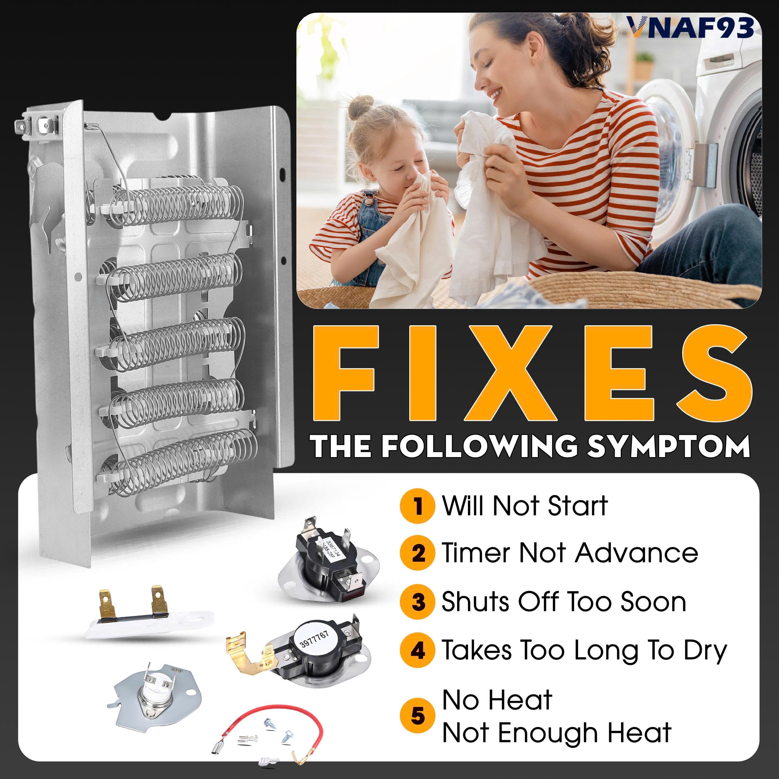 VNAF93 Upgraded Dryer Heating Element for Amana NED4655EW1 WED4815EW1 , Roper REX4635EW1 and Kenmore 70 80 Series Model 110 with Thermostat Kit Fuse