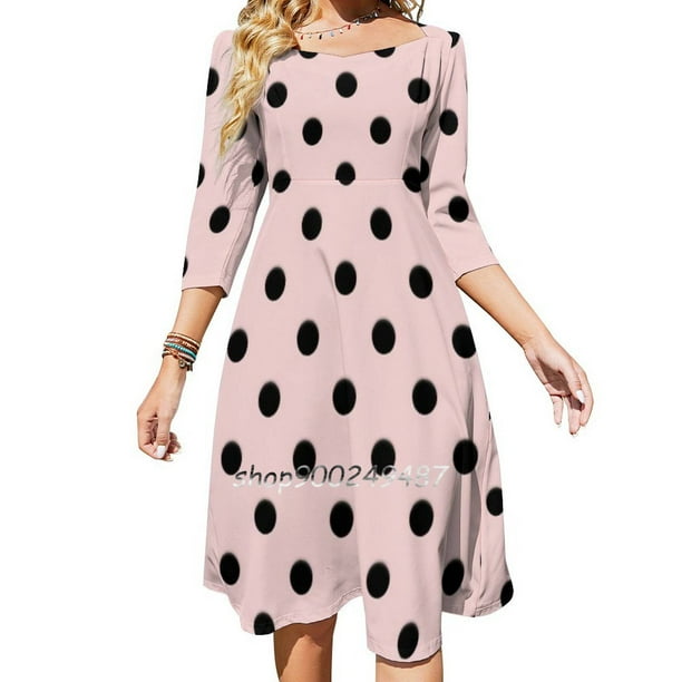 Vestido acampanado con lunares negros y rosas Vestido de cuello cuadrado Vestido elegante de moda femenina Vestido estampado Lunares negros Estético rosa