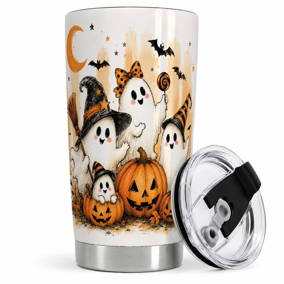 Cute Halloween Ghosts 20oz Tumbler, Witch Pumpkin Artwork Drinkware with playful ghosts, witch hats, pumpkins, bats, and fall leaves for everyday sipping