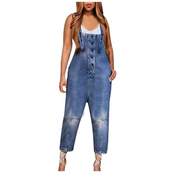 TMOYZQ Women's Classic Comfy Stretchy Adjustable Straps Buttons Denim Bib Overalls Casual Loose Wide Leg Cropped Pants Jeans Jumpsuits Baggy Rompers with Pockets
