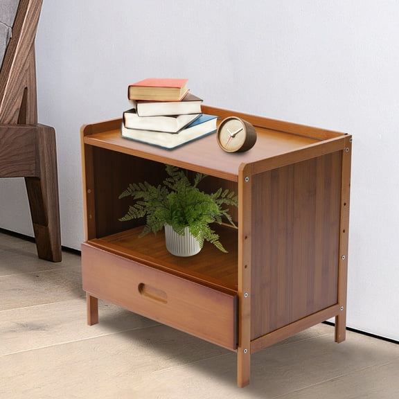 Household Bamboo Small Nightstand Bedside End Table with Drawer for Bedroom/Living Room