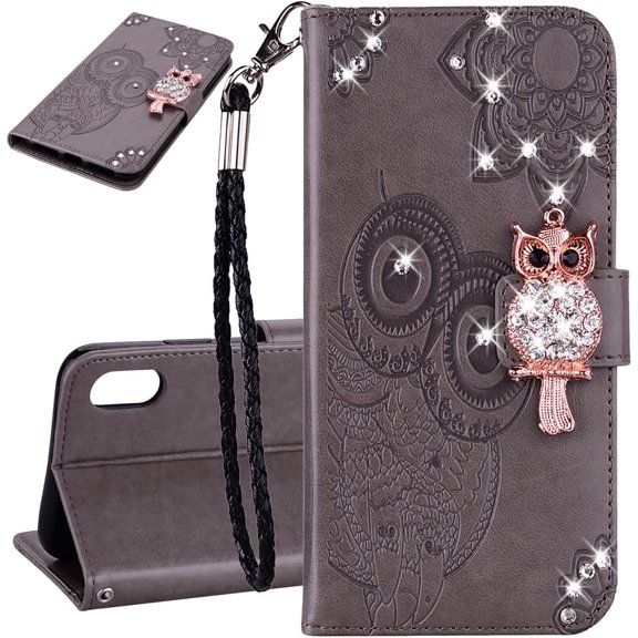 Compatible with iPhone XR Case Glitter Stylish Crystal Owl with Wrist Strap Kickstand Magnetic Leather Wallet for Women Flip Phone Case for iPhone XR Grey YK