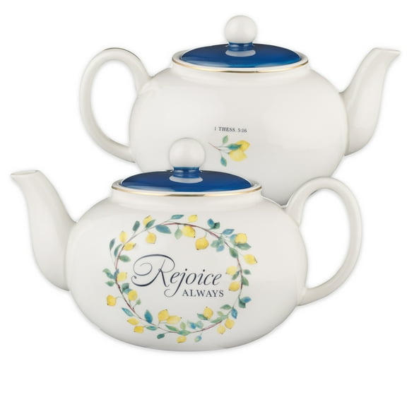 Christian Art Gifts Large Ceramic Cute Inspirational Scripture Teapot for Women: Rejoice Always Bible Verse for Home & Kitchen w/Gold, Easy-pour Lead & Cadmium-free, White/Blue & Yellow Lemons, 34 oz.