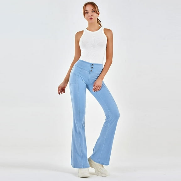 Fjuchai Bell Bottom Jeans for Womens High Waisted Stretch Flared Denim Pants with Pockets Women's Spring Summer Tummy and Hip Lift Sports Trousers S-XXL