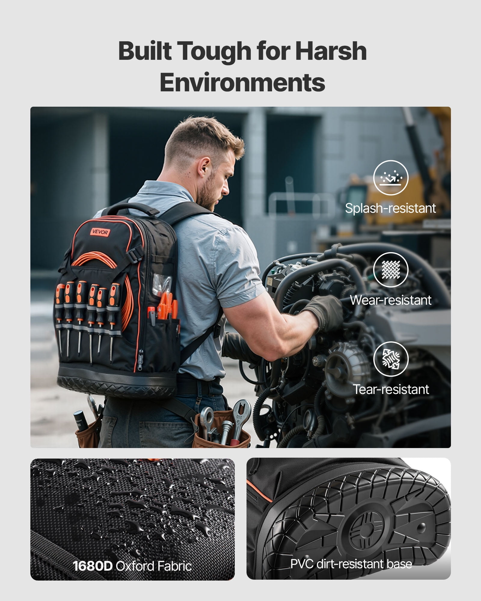 VEVOR Tool Backpack, 65 Pockets, Heavy-duty Tools Storage Organizer Work Bags with Laptop Compartment & Molded Base, Electrician Jobsite Backpack for Electrician, Repairman, and HVAC Techs