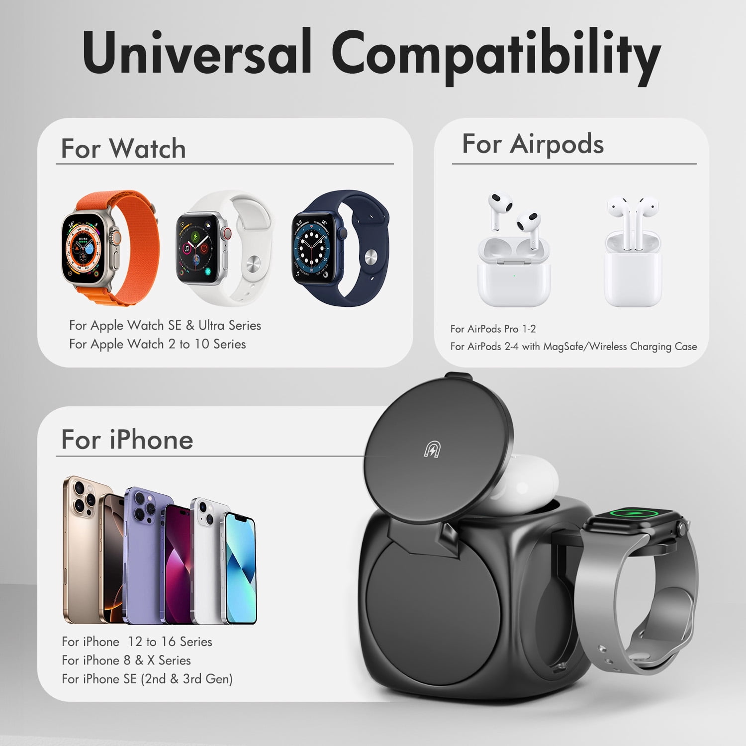 3 in 1 Magnetic Wireless Charger, Compatible with iPhone 16 15 14 13 12 11 8 X XR SE , for Apple Watch Series, for AirPods Pro 4 3 2 1, Portable Stretch Shrink Fold Design for Travel Office(Black)