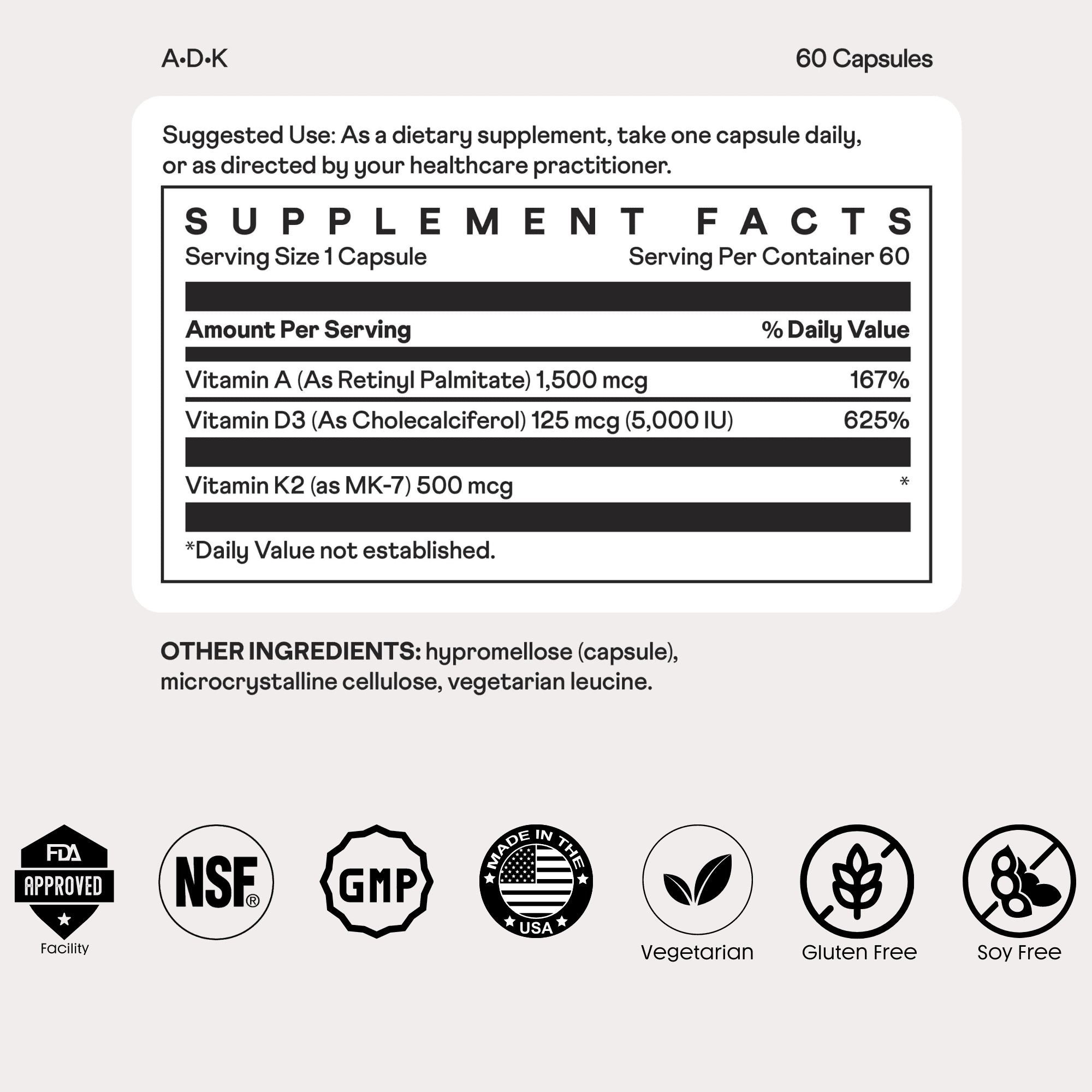 Nuray ADK Vitamin A D3 K2 Supplement, Bone & Teeth Wellness Support, Vegetarian Gluten Free, 60 Capsules