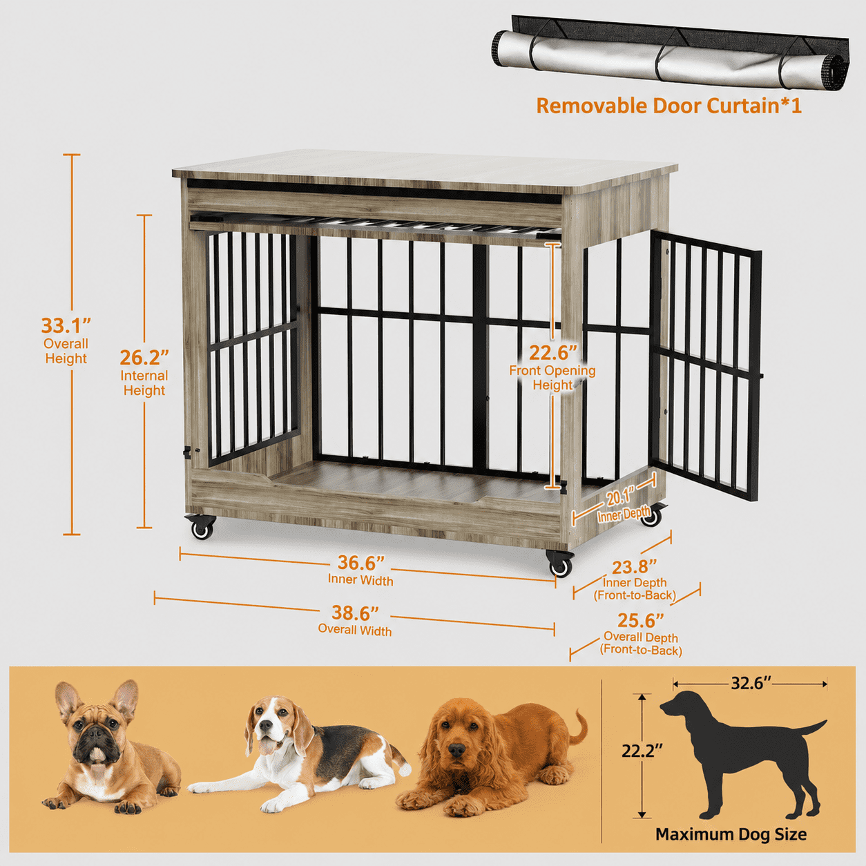 Aukfa 38.6-Inch Large Dog Crate Furniture, Indoor Dog Kennel Decorative Pet Cage End Table, Lift-Up Door, Curtain & Wheels,Greige