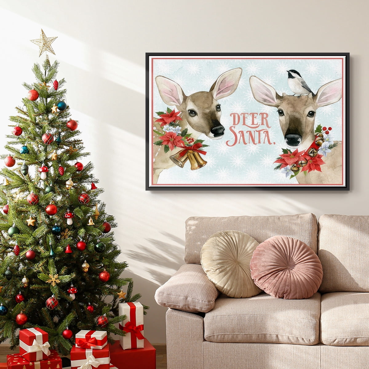 Deer Christmas Collection A - Framed Gallery Wrapped Holiday Canvas - 25 x 37 - Black Frame