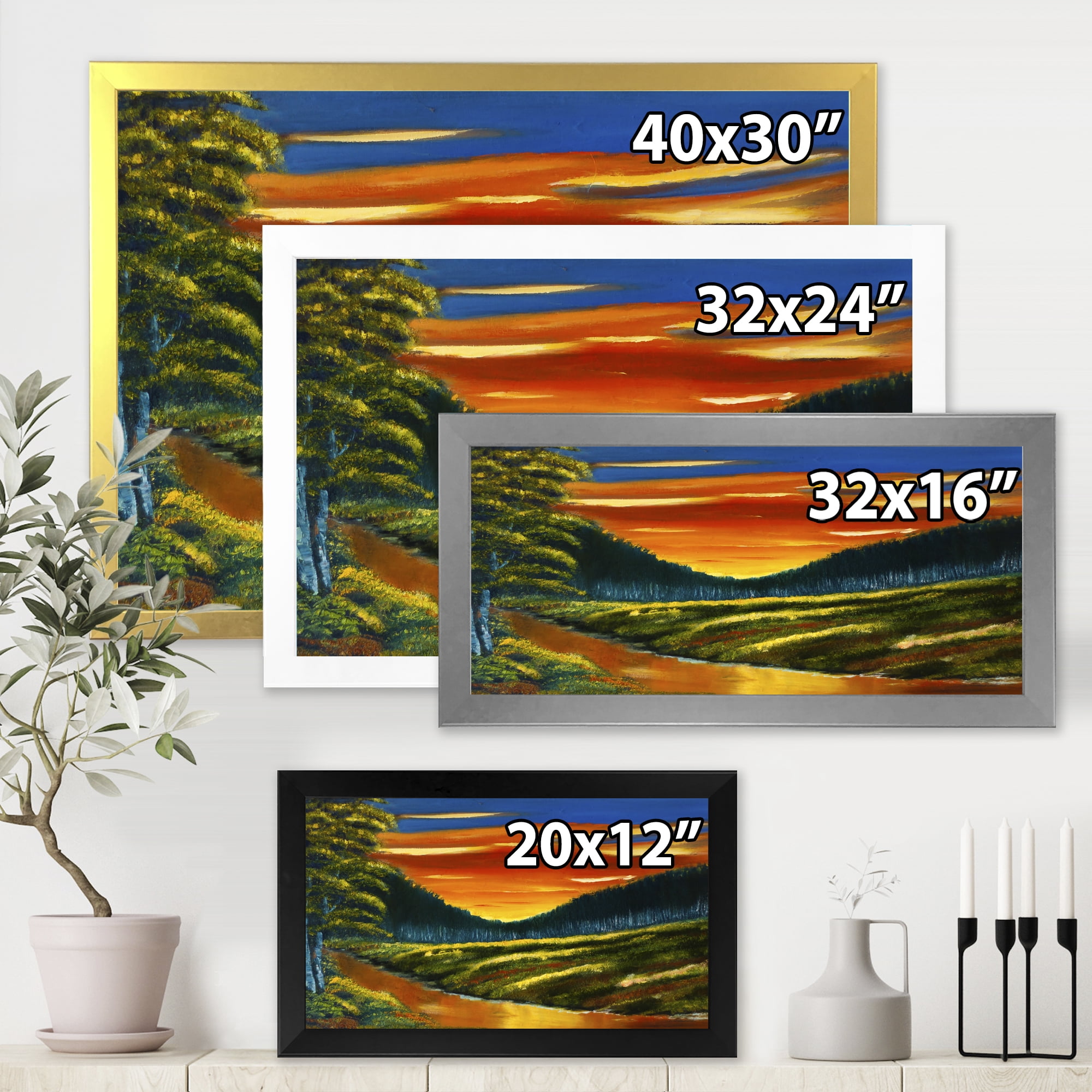 Designart 'Warm Coloured Sunset Glow Above The Lotus Swamp' Traditional Framed Art Print