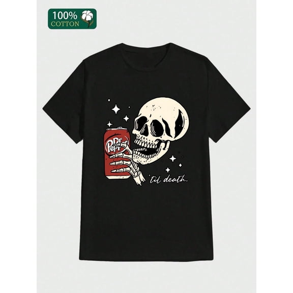 Til Death Halloween Dr Pep  Casual Print, Comfortable and Versatile, Letter Pattern Pure Cotton 220g Printed T-shirt 100%  Cotton