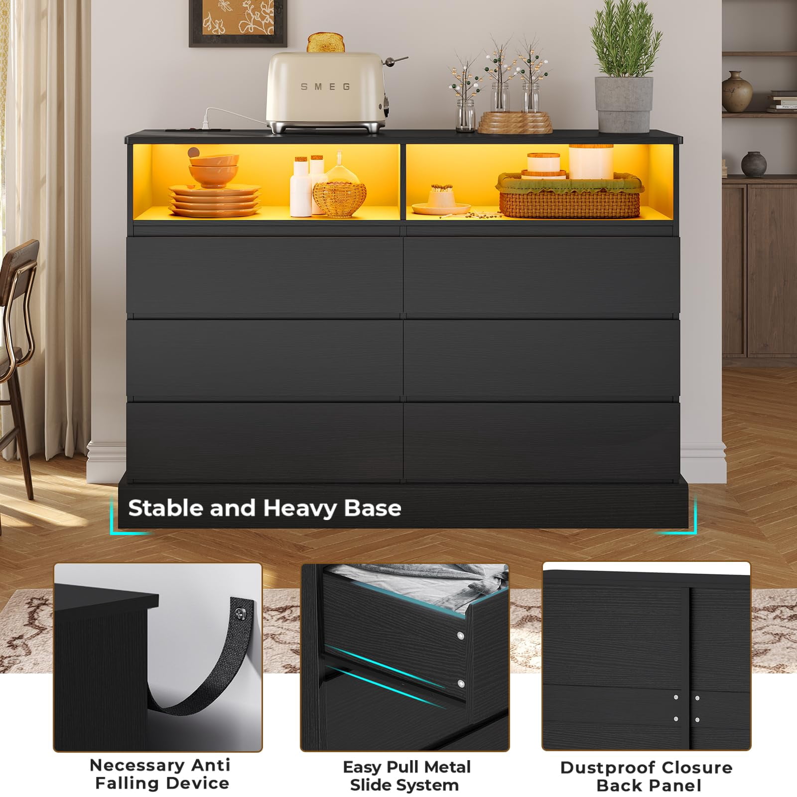 6 Drawer Dresser for Bedroom with LED Lights and Charging Station, Large Chest of Drawers for Bedroom Living Room, Black
