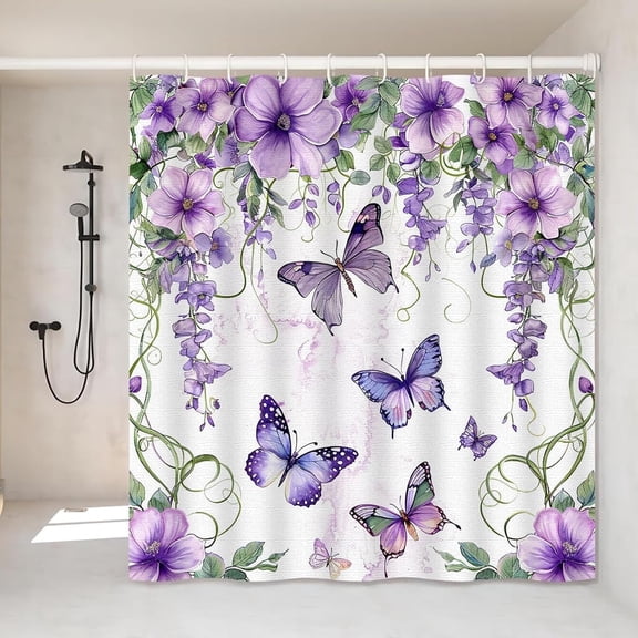 Butterfly Shower Curtain 72x72, Purple Lavender Floral Bathroom Decor, Waterproof Fabric Curtain with 12 Hooks