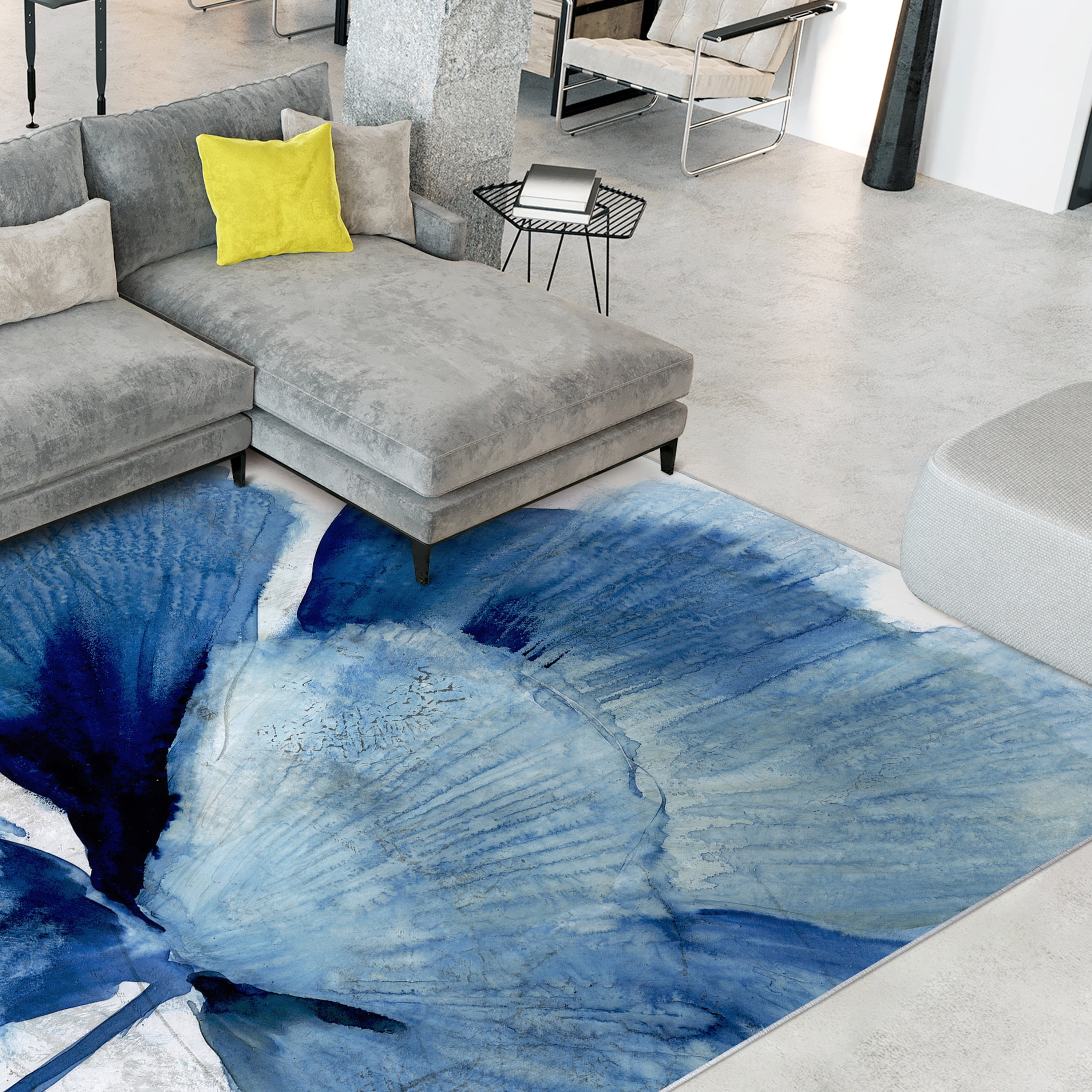Inky Flower II Washable Blue Art Area Rug size 8'x10', Power-loomed, Heavenly Softness with Non-Slipping Backing