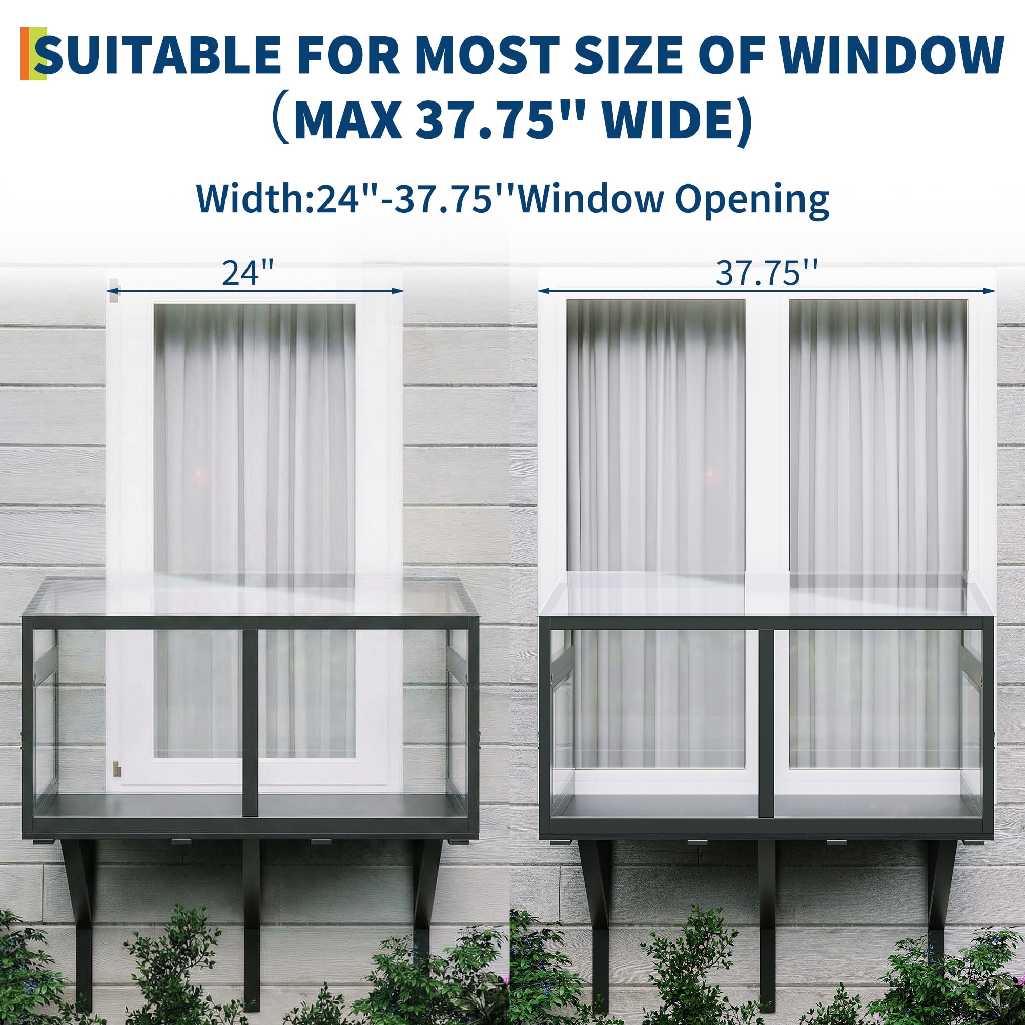 Weatherproof Cat Window Box Enclosure for Indoor Cats, Clear View Outdoor Cat House, Sturdy Wooden Window Perch for Sunbathing & Birdwatching, Fits 24"-38" Windows, Black