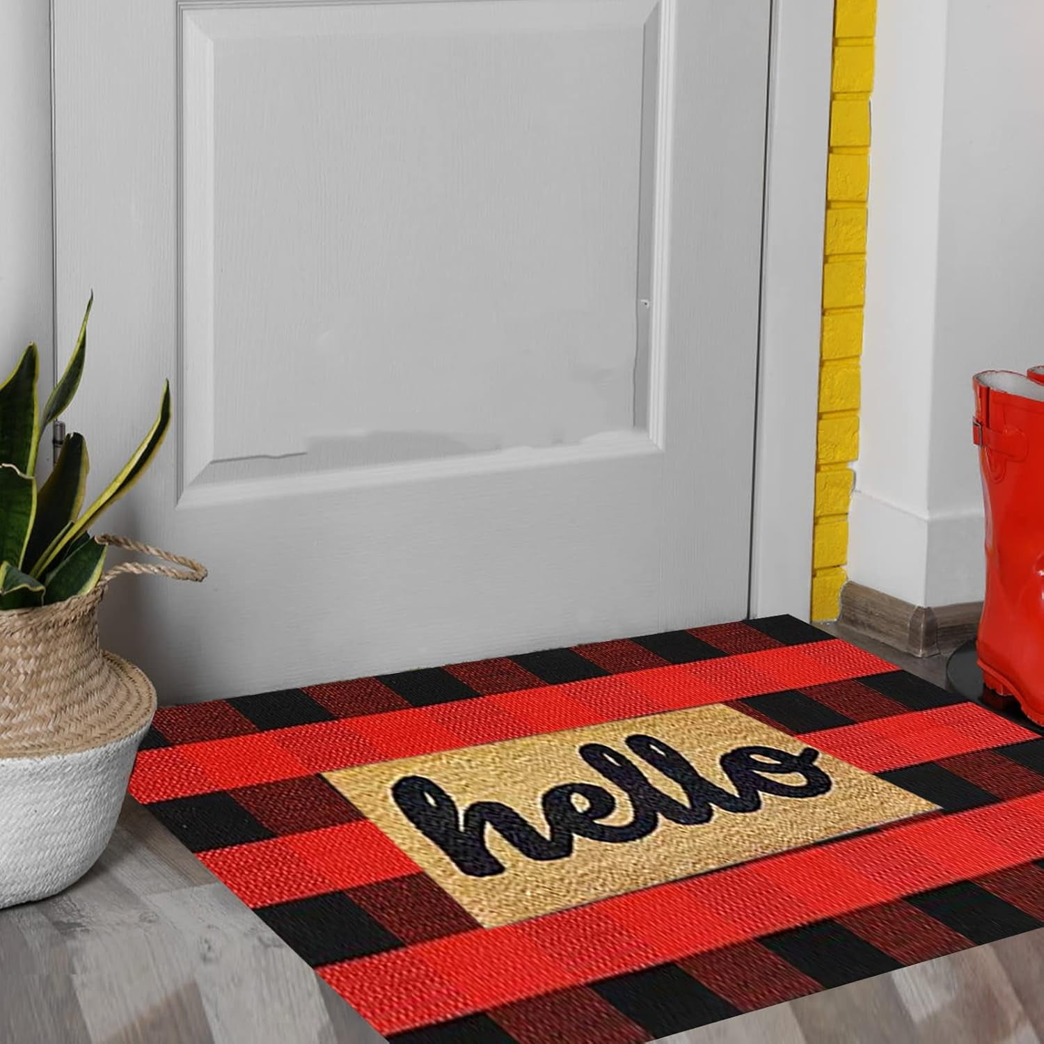 AllWays Plaza Cotton Buffalo Plaid Rug 27.5"x43" Black and Red Checked Rug Washable Doormats Indoor Outdoor Rugs for Layered Front Door Mats, Porch, Kitchen, Farmhouse, Entryway