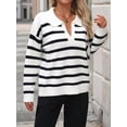 thumbnail image 5 of Women'S Striped Sweater Trendy V Neck Long Sleeve Knit Pullover Loose Jumper Tops Knitwear White M, 5 of 7