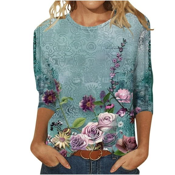 BangWanChi 3/4 Length Sleeve Womens Tops Plus Size Tunic Fashion Woman Casual Round Neck Printing Blouse 3/4 Sleeve T-Shirt Summer Tops