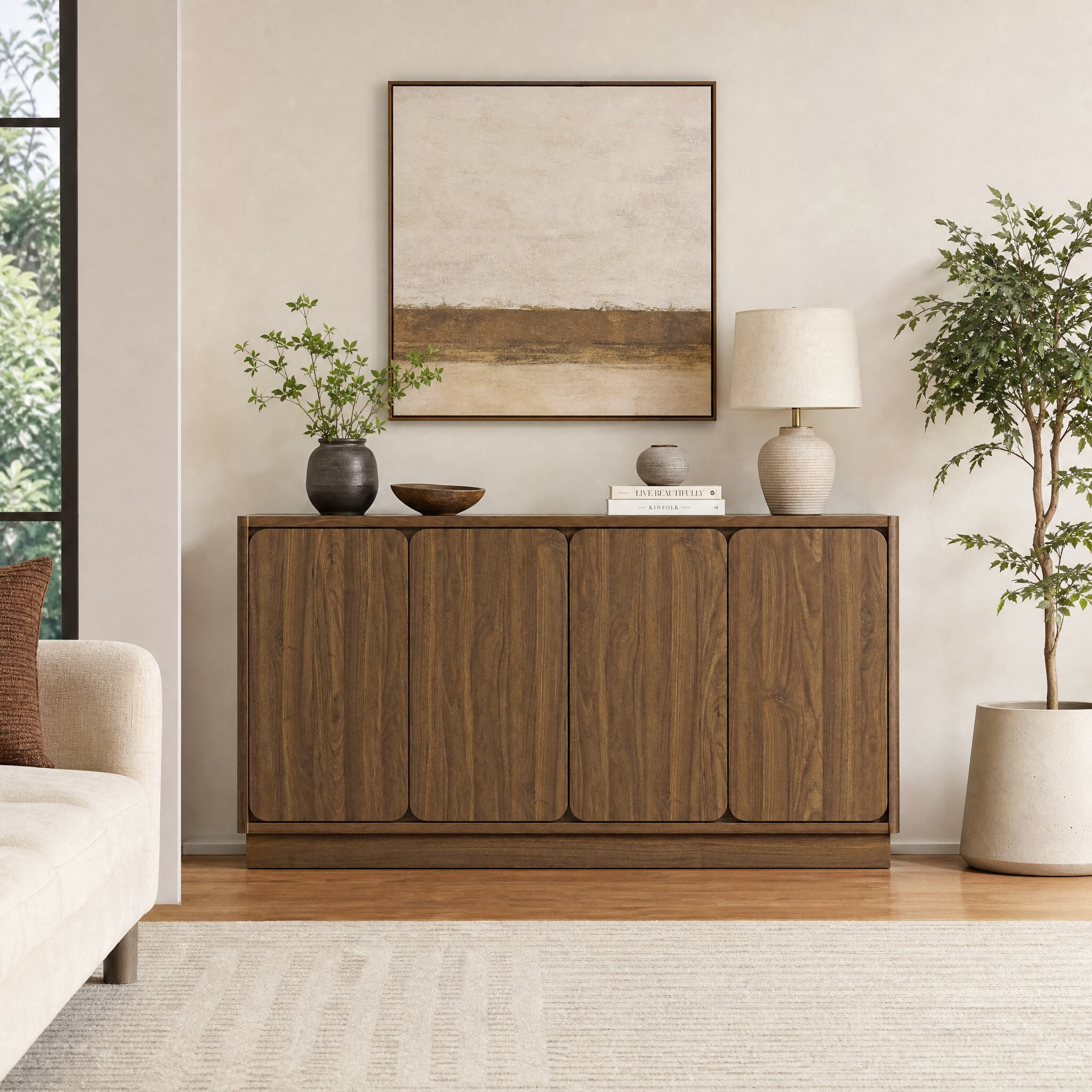 Mintazer 59.1"W Sideboard Buffet Cabinet with Adjustable Shelves, 4 Door Storage Credenza Cabinet for Dining Room Kitchen Living Room, Entryway, Walnut