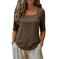 thumbnail image 6 of JFGHDG Women Spring Summer Trendy Basic Tee Top, Scoop‑Neck Half‑Sleeve Ribbed‑Knit Slim‑Fit Casual Daily Shirt Brown 3XL, 6 of 9