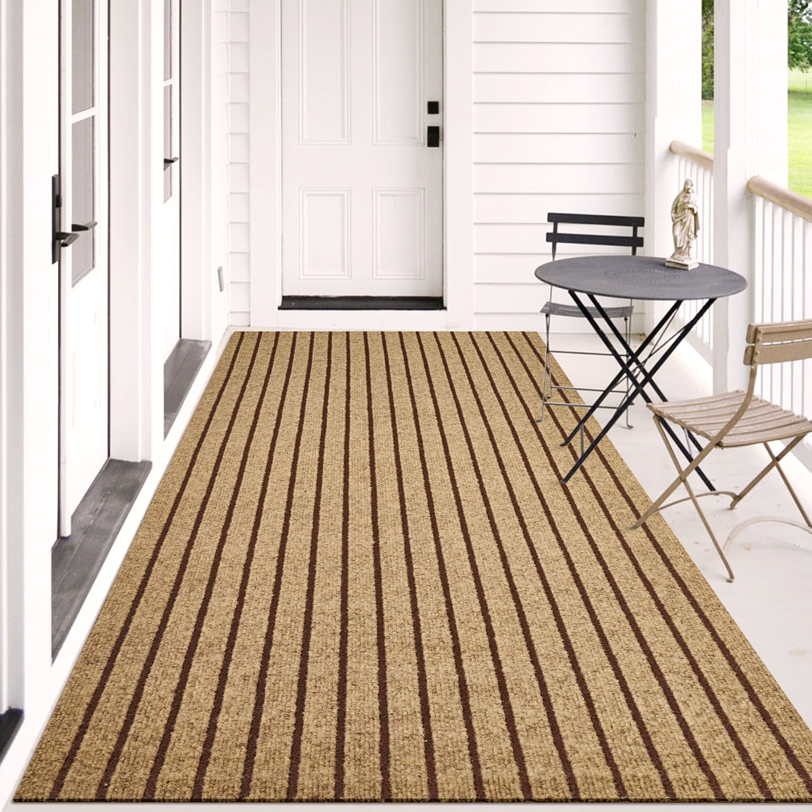Morefany Runner Rug Non-Slip Waterproof Washable Indoor Outdoor Hallway Carpet 3ft x 8ft Brown Striped
