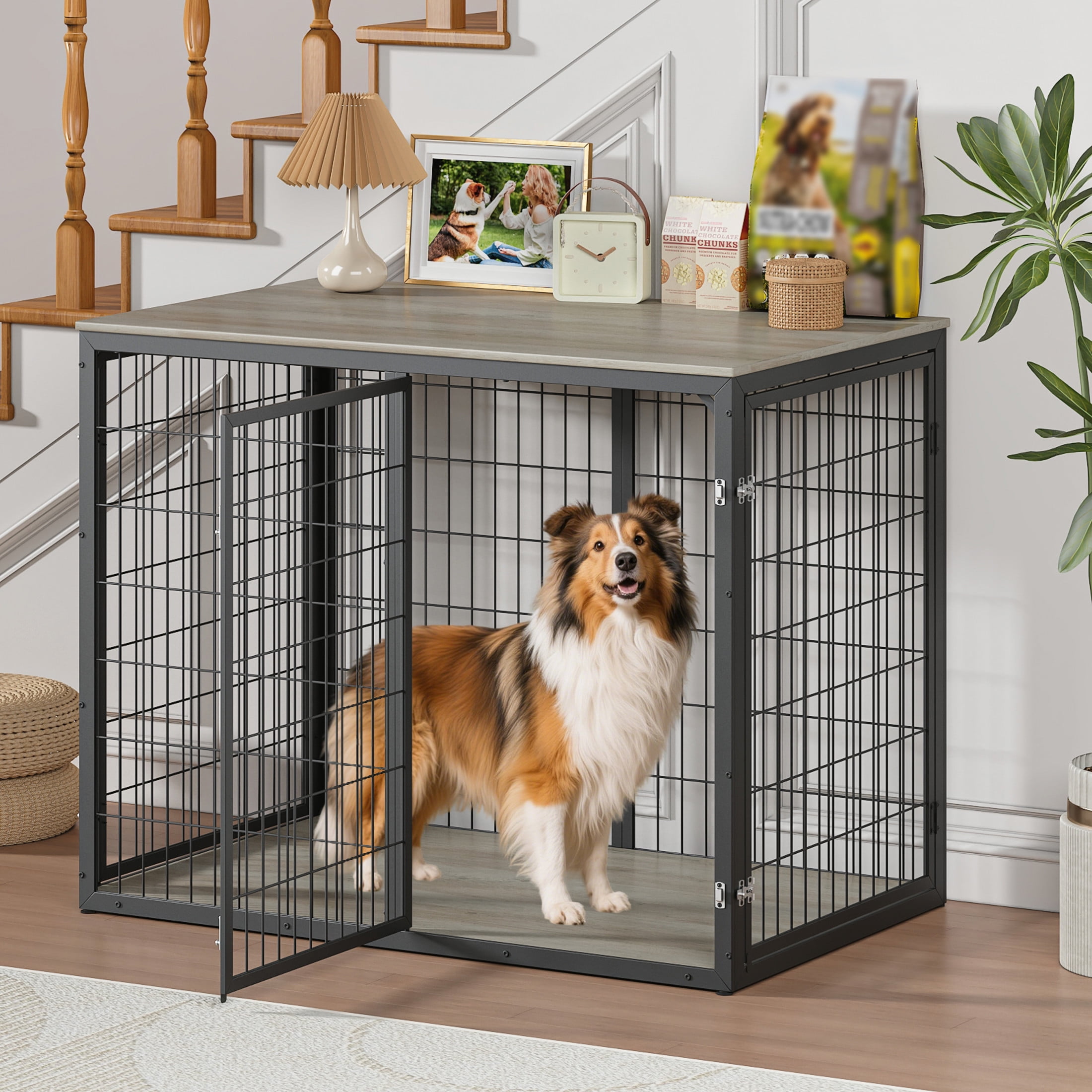 Noble House 47" Crate Furniture with 3 Doors, Wood Pet Cage for Large & Medium Dogs, Gray
